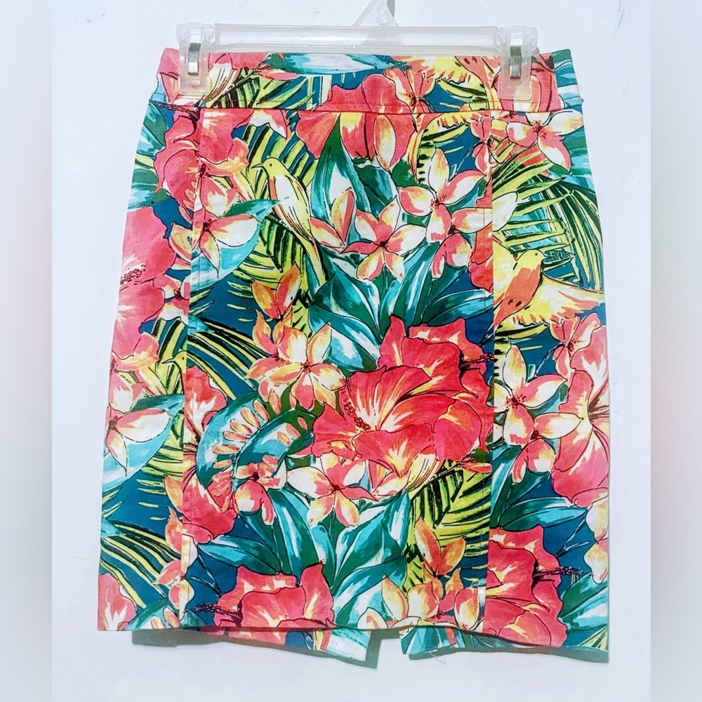 Ann Taylor Loft Petites Bird Floral Tropical Print Denim Pencil Skirt Si…